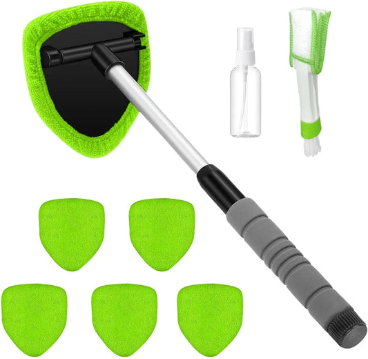 FathersDay 9PCS Car Window Cleaning Kit with Extendable Handle, Microfiber Pads & Spray Bottle